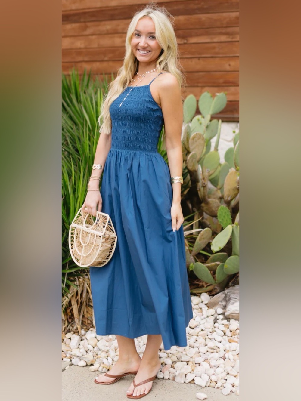 Vestique Women's Blue Smocked Midi Dress